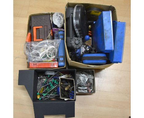 Two boxes containing Dremel drill press including tools, soldering gun, heat gun, etc.Qty: 2 boxes