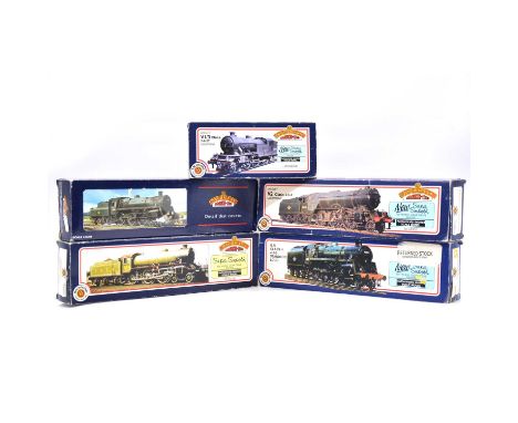 Bachmann OO gauge model railway locomotives, five including ref 31-602 BR 2-6-2T class V1/3 no.67664; ref. 31-106A BR 4-6-0 s