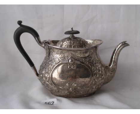 Heavy Victorian boat shaped teapot heavy embossed   with foliage 9.5” over handle. Lon  1893 by M Bros 580g   