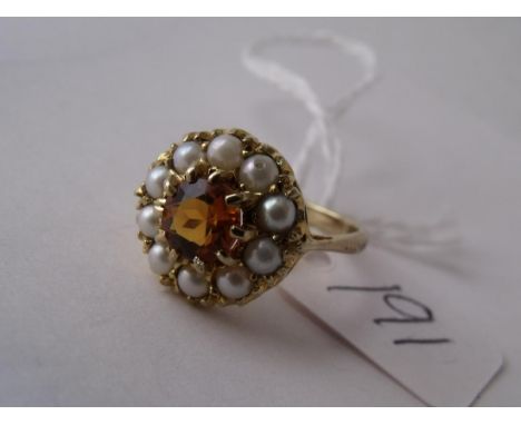 9ct citrine and pearl cluster dress ring approx size L   