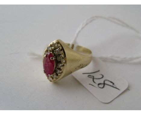 Marquis shaped gold mounted ruby and diamond   cluster ring approx size O      