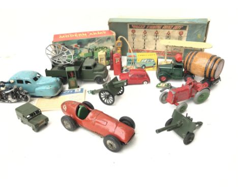 A Box Containing a Collection of Playworn Vehicles including a Clockwork Tri-Ang Watneys Truck. A Lone Star Radio Army Truck.