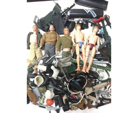 A Box Containing Vintage Action Man. With Accessories and other Dolls. And Vehicles.