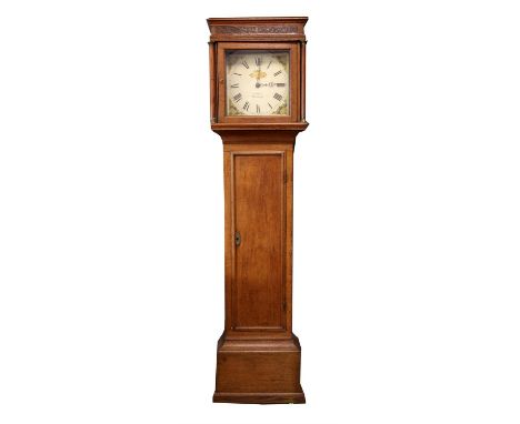 18th century oak longcase clock, the dial marked Fisher, Woodbridge, the moulded cornice with blind fretwork frieze above bra