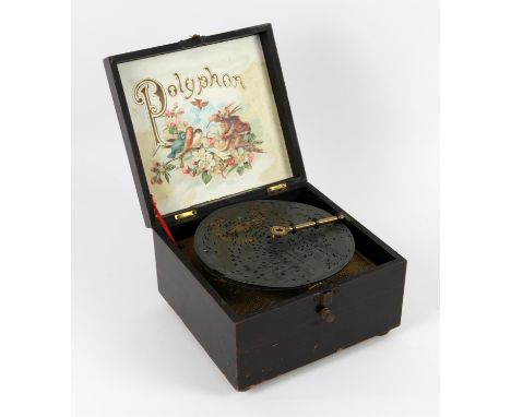 Polyphon, with two 16.5cm disks retailed by Imhof & Mukle, 110 New Oxford Street, London, the simulated rosewood case painted