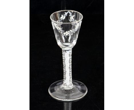18th century cotton twist drinking glass, the bowl painted with floral swags, on round foot, 15.5cm high,Condition Report:  T