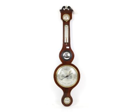 19th century mahogany banjo barometer by I Glase, Bridgenorth, with dry damp dial, thermometer and barometer and convex mirro