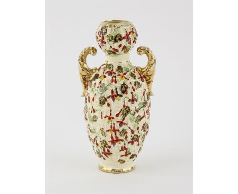 Fischer Budapest twin handled vase, decorated with blossoming flowers, marked to base, h22.5cm Condition Report:  Handles hav