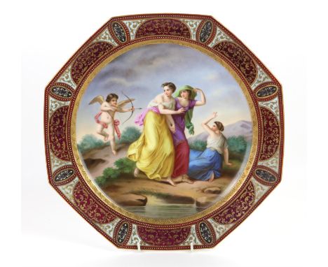 Vienna porcelain octagonal plate, painted with a Classical scene of three maidens and cupid firing an arrow, within a gilded 