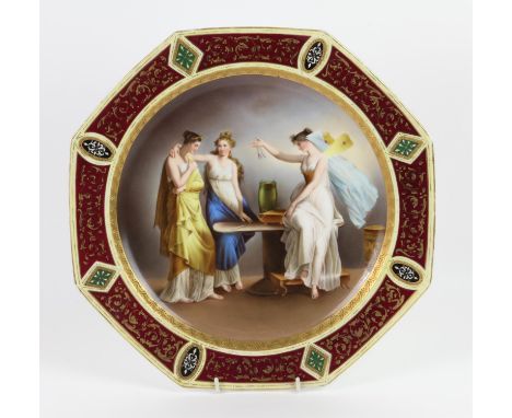 Vienna porcelain octagonal plate, painted with a Classical scene of two maidens and a fairy holding a string of pearls, withi