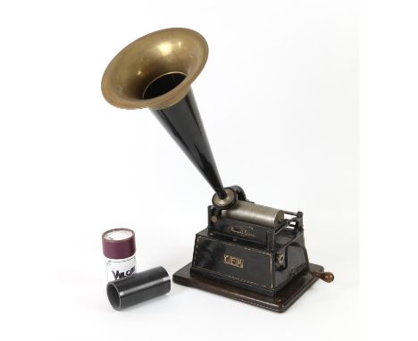 Edison Gem phonograph, no.244217, with Model-C reproducer, blacked metal and brass 7.5 inch diameter horn, and case, (not in 