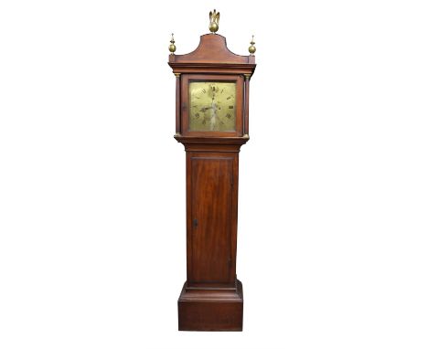 Early 19th century mahogany eight day longcase clock, with eagle and ball finials over a brass square dial with engraved foli