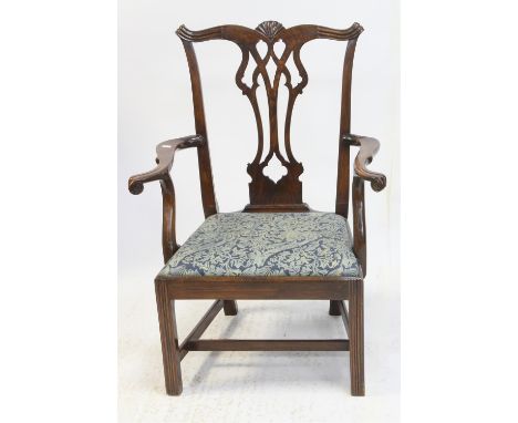 George III style stained elm dining chair, with pierced vase shape splat back above a drop in seat on moulded square legs joi