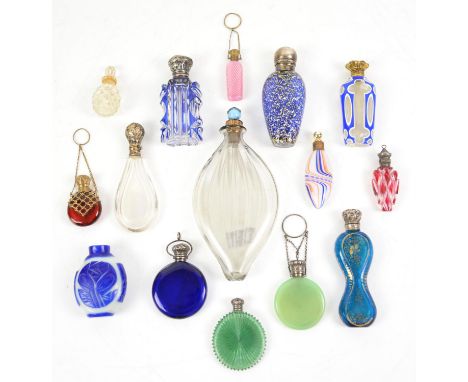 Collection of 19th century and later glass scent bottles, including blue glass scent bottle with silver and gold speckled dec