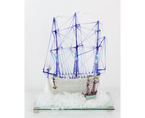 Late 19th century glass model frigger of a ship, under glass dome, dome 43cm high,