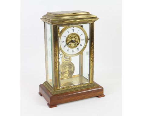 Early 20th century French gilt brass four glass mantel clock, with A1 brass drum movement striking a gong,  on mahogany base 