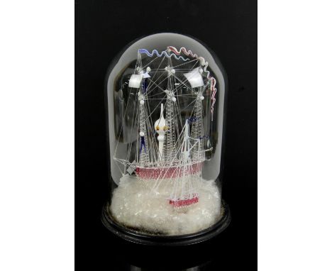 Late 19th century glass model frigger of a ship, under glass dome, dome 33cm high,