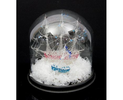 Late 19th century glass model frigger of a ship, under glass dome, dome 20cm high,