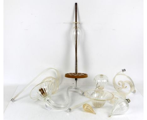 Murano clear glass six light chandelier, with gilt highlights, embellished with further glass scrolls on a baluster stem, ste