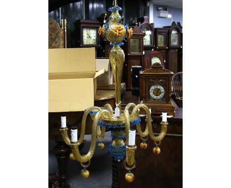 Murano amber and blue coloured glass chandelier six light chandelier, with gilt highlights, embellished with further glass sc