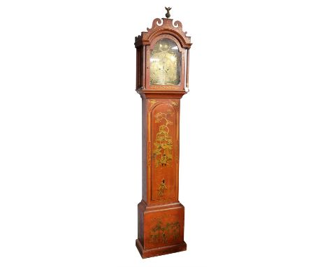 Chinoiserie eight day longcase clock, simulating red lacquer, 19th century parts, the arched swan neck hood over a brass dial