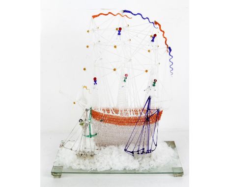 Late 19th century glass model frigger of a ship, under glass dome, dome 47cm high,