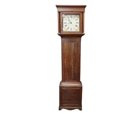 18th century oak longcase clock, the painted square dial signed David Baker, Billingshurst, h191cm 