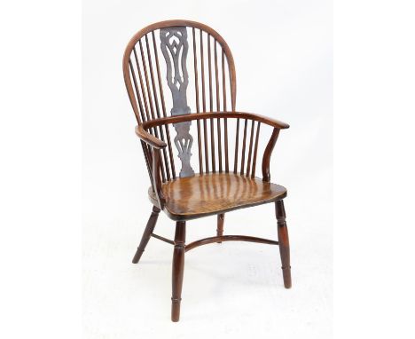 19th century elm and yew wood Windsor armchair, the high back with pierced vase shaped splat, over a moulded seat on turned y