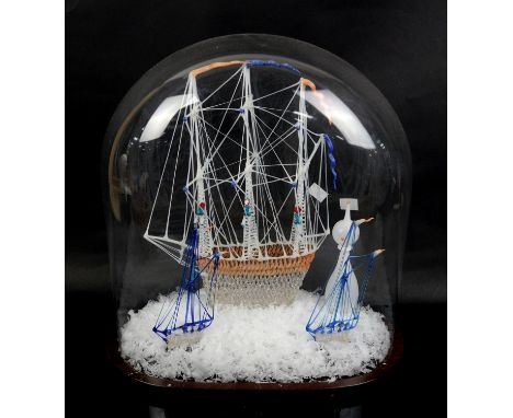 Late 19th century glass model frigger of a ship, under glass dome, dome 38cm high,