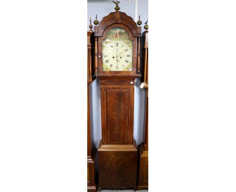 19th century inlaid mahogany eight day longcase clock, the arched painted dial with Roman numerals and two subsidiary dials, 