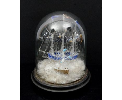 Late 19th century glass model frigger of a ship, under glass dome, dome 24cm high,