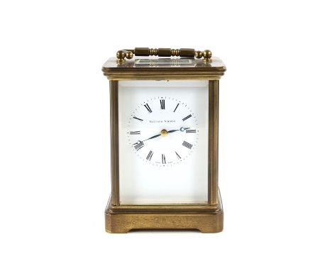 Brass carriage clock by Matthew Norman, of conventional form with enamelled dial, the twin train movement, numbered 1750A, st