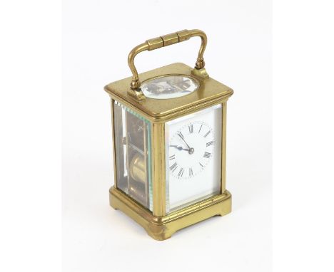French brass carriage clock, by Henri Jacot, in obis case,striking on a gong, 16cm high overall, complete with travelling box