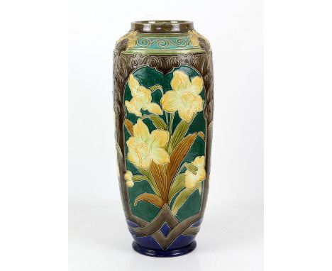 Burmantofts Faience vase, with daffodil design panels, impressed mark and numbered 2044, H44 cmCondition Report:  Some cracks