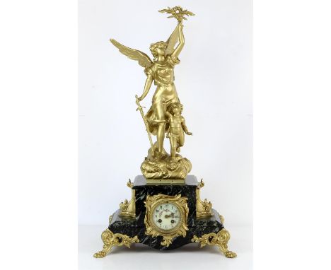 19th century French gilt metal and marble clock, depicting a figure of Victory with a putto over a stepped base with gilt met