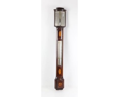 Early 20th century Negretti & Zambra stick barometer, with signed silver dial with bowfronted glass above thermometer, the ca