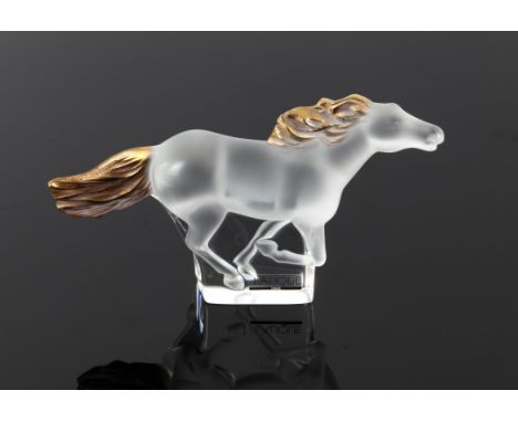 Lalique frosted glass model of a horse with gilt mane and tail, on clear glass base, with Lalique label and engraved 'Lalique