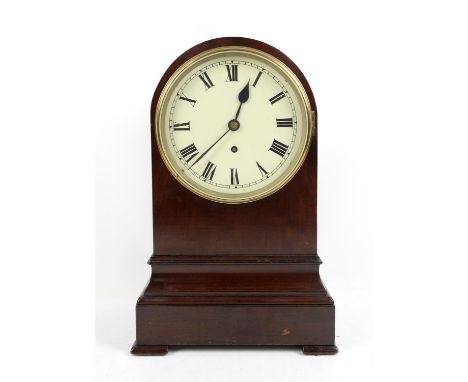 19th century mahogany bracket clock, the dial with Roman numerals, single fusee movement, the arched mahogany case on plinth 