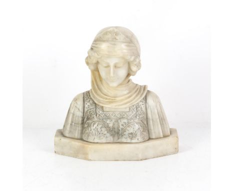 Victorian alabaster bust of a lady wearing a scarf and scroll decorated shirt, unsigned numbered 3 on the base, 26 cm high