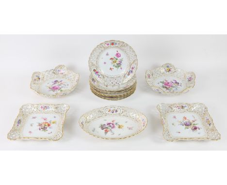 Set of seven Dresden porcelain plates, 20 cm diameter, a pair of similar circular dishes, 22 cm diameter, a pair of square di