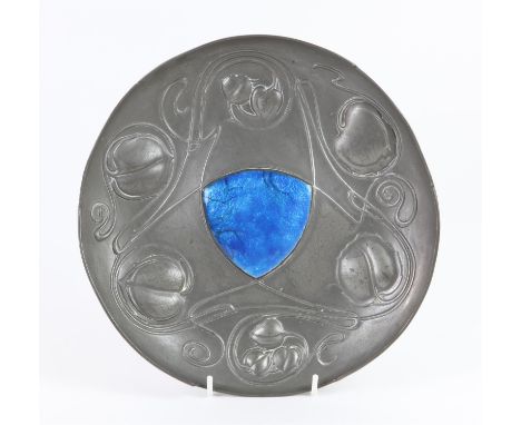 Archibald Knox for Liberty's pewter dish, with triangular enamel inlay and maker's mark to base. Diameter 26cm.Condition Repo