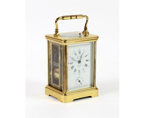 French Brass cased carriage clock, by L Epee, white enamelled dial with subsidiary alarm, striking the hours and half hours o