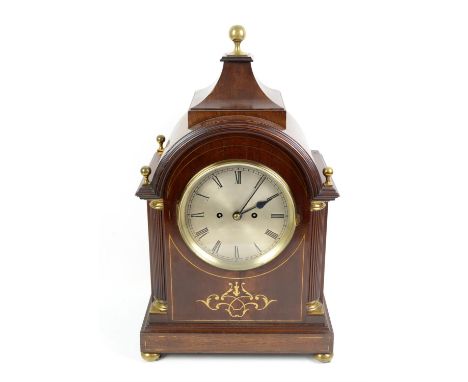 Early 20th century mahogany twin fusee eight day bracket clock, silvered dial with Roman numerals, mahogany case with pagoda 