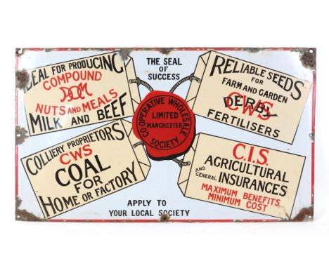 Co-operative Wholesale Society enamel advertising sign, 44.5 x 76cm.