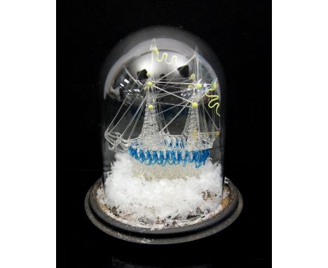 Late 19th century glass model frigger of a ship, under glass dome, dome 18cm high,