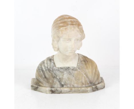 Victorian alabaster bust of a lady wearing a scarf in her hair and Classical robe, unsigned, 24 cm high