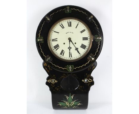 Victorian black lacquered and mother of pearl inlaid drop dial wall clock, enamel dial with Roman numerals signed Mott & Co.,