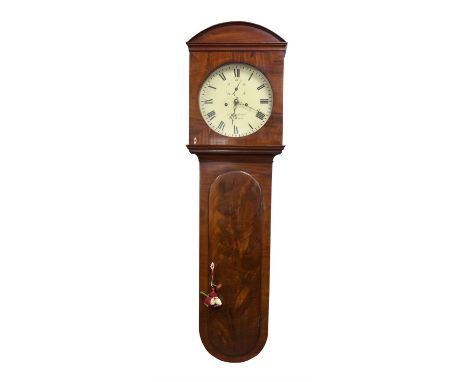 A mid 19th century eight-day mahogany tavern wall clock, the arched hood enclosing a circular painted dial with subsidiary se