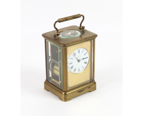 Early 20th century brass carriage clock, the Roman enamel dial signed W Mahr, London, twin train movement striking a gong, h1