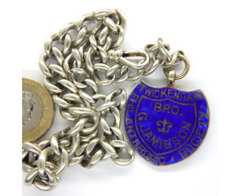 Hallmarked silver watch chain and enamelled fob, 45g, 38cm (inc. fob). P&amp;P Group 1 (£14+VAT for the first lot and £1+VAT 